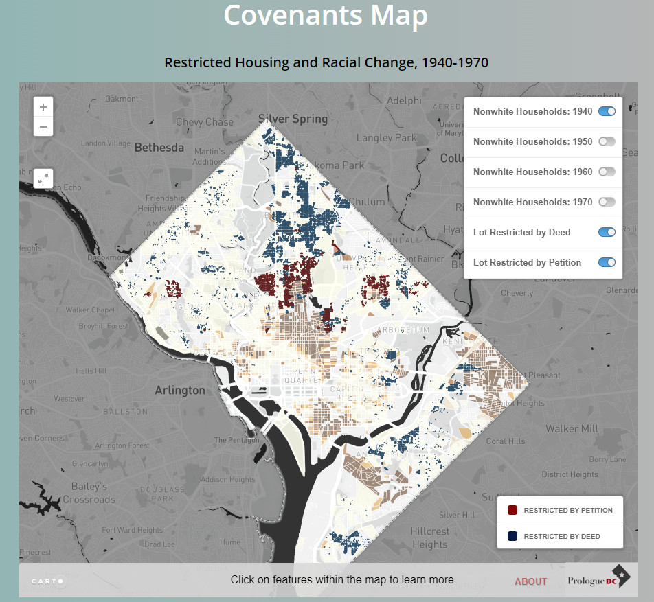 Map of Washington, DC showing housing with restrictive racial covenants between 1940 and 1970