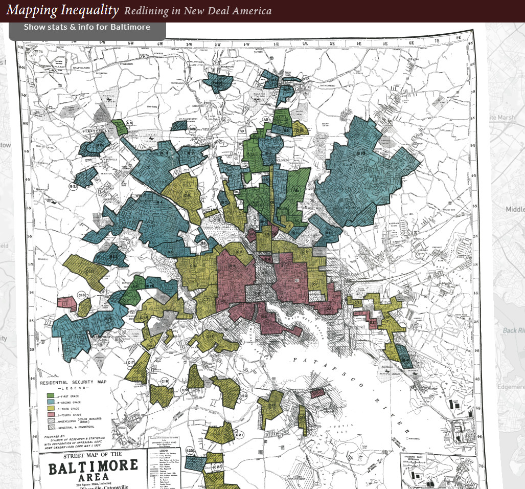 1937 Home Owners Loan Corporation map of Baltimore that labels Black neighborhoods as less desirable, and therefore less insurable, than white neighborhoods.