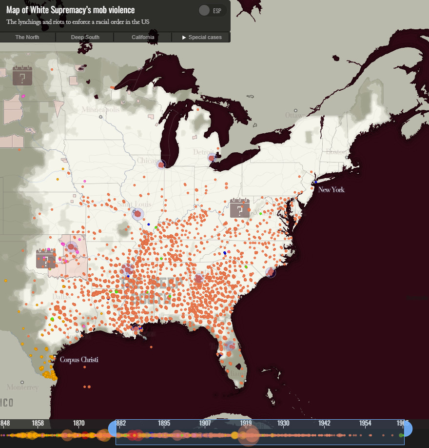 Map with thousands of orange markers primarily clustered in the south indicating where lynchings of Black Americans took place between 1880-1965
